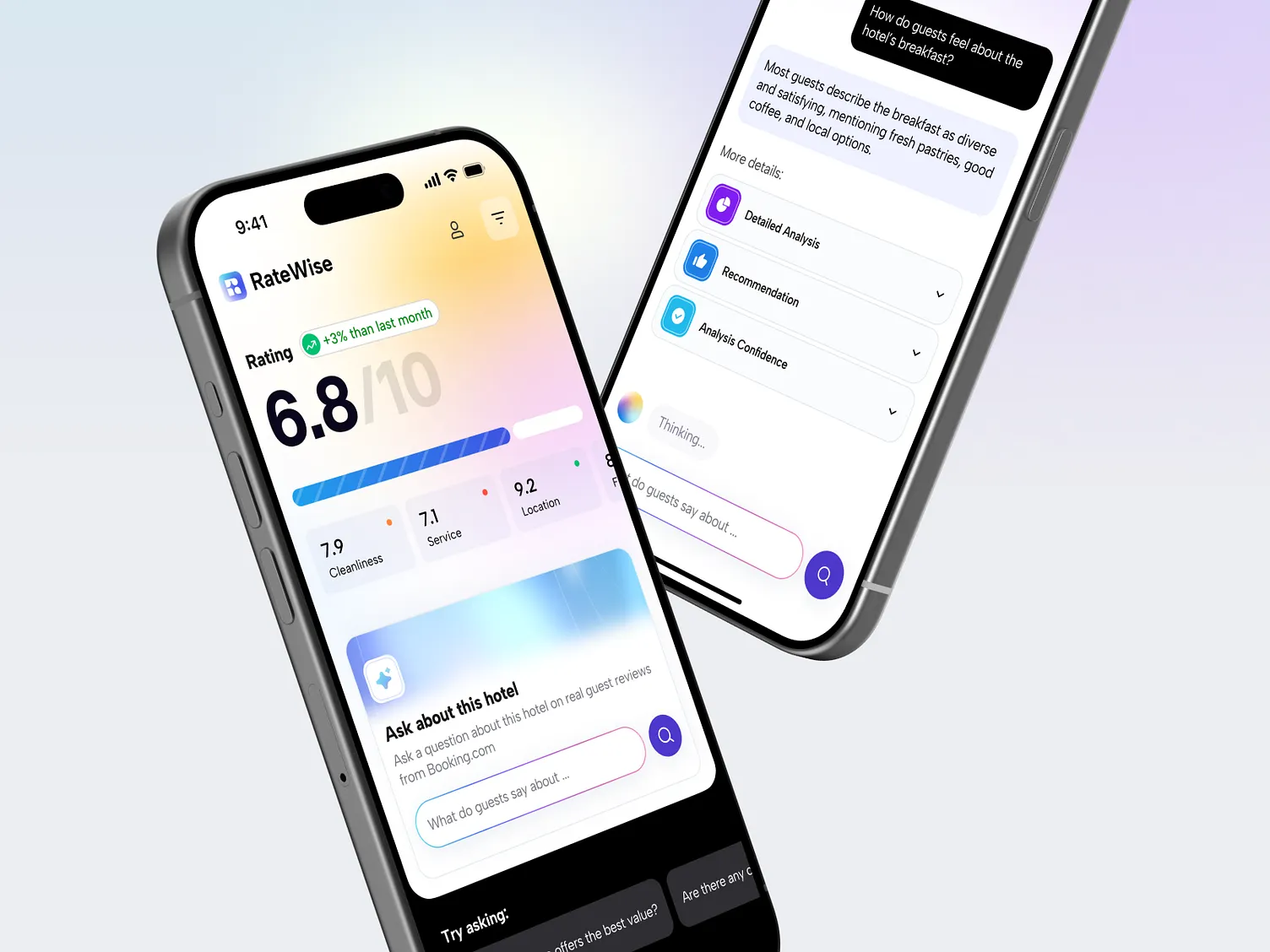 Mobile app screens showcasing the RateWise hotel review app